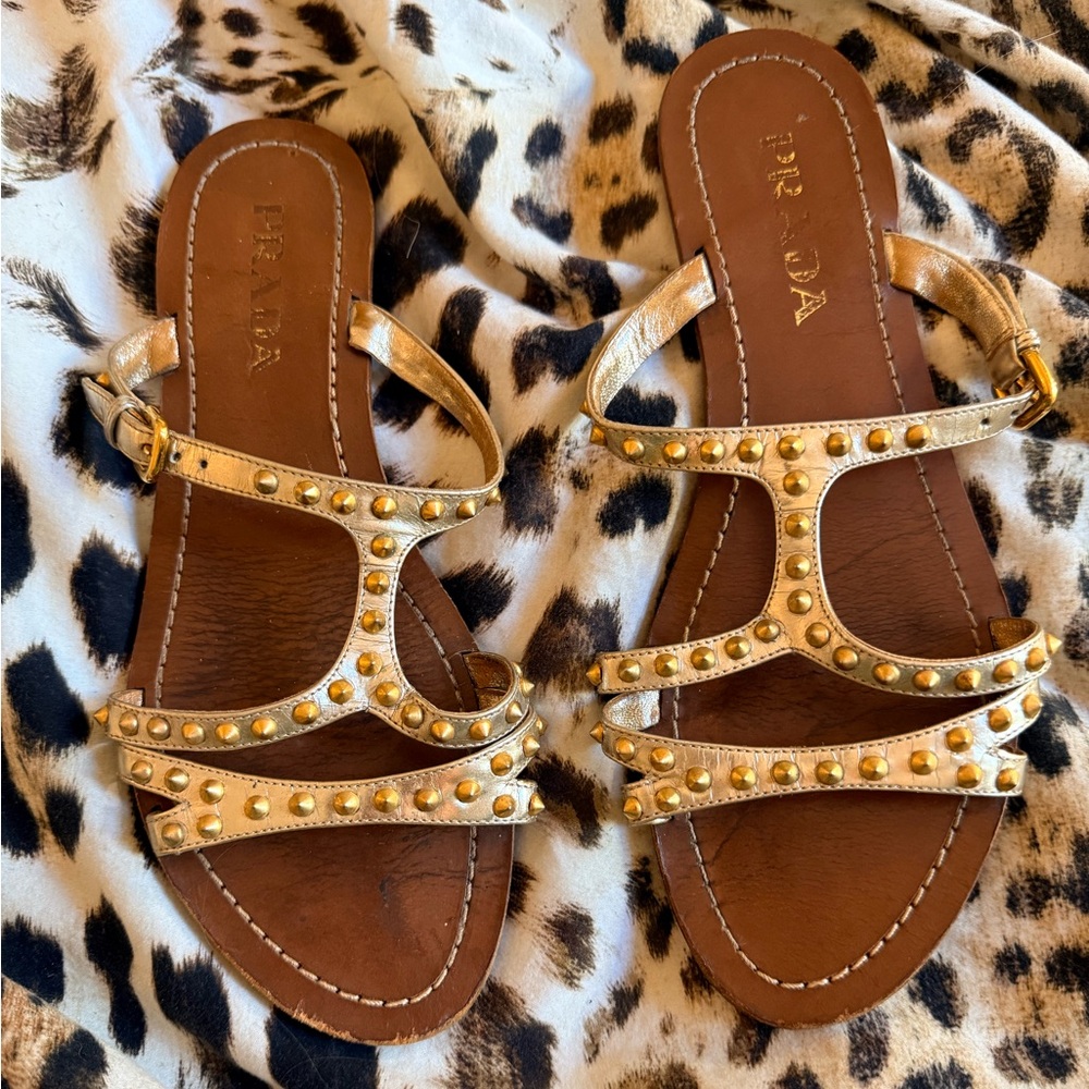 Prada Gold Studded Flat Sandals - Picture 2 of 10